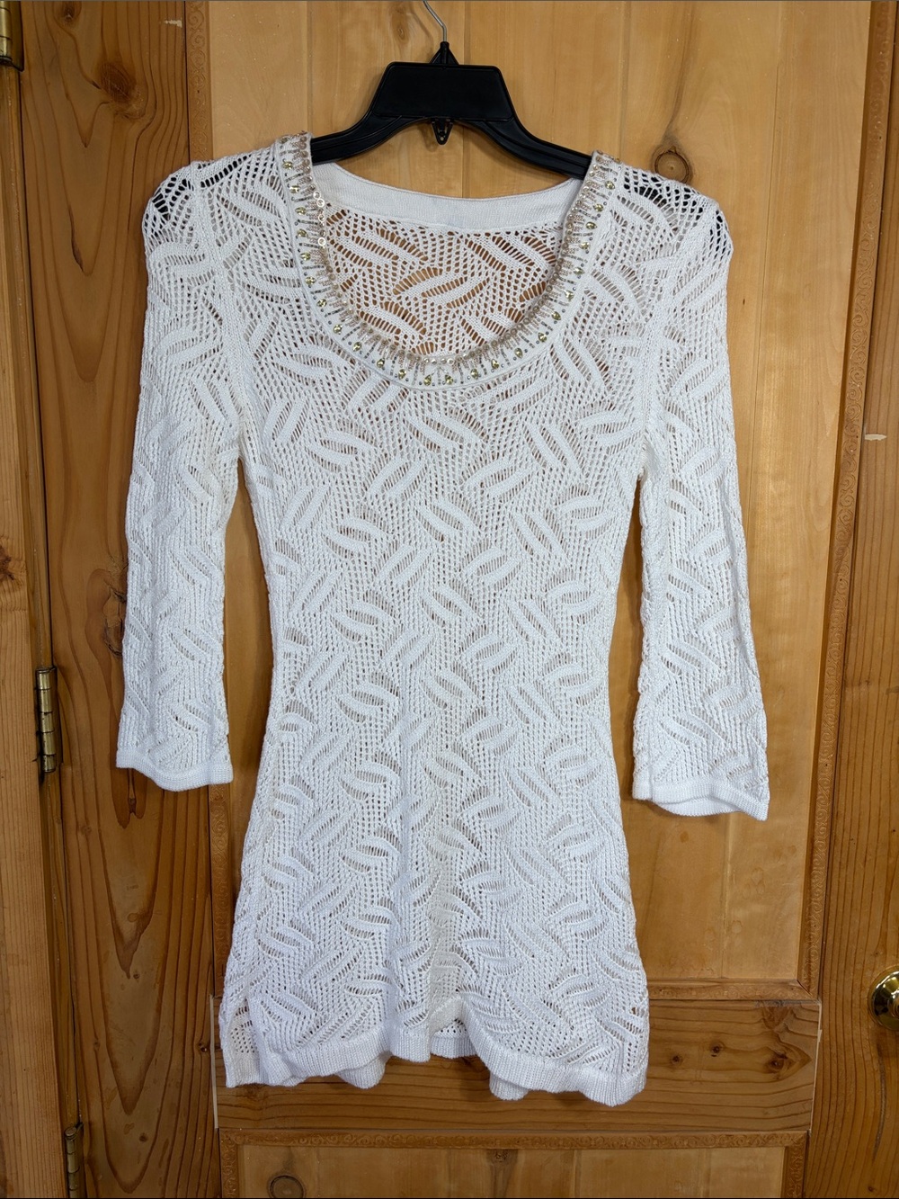 White House Black Market White Openwork Knit Scoop-Neck Dress with Beaded Trim